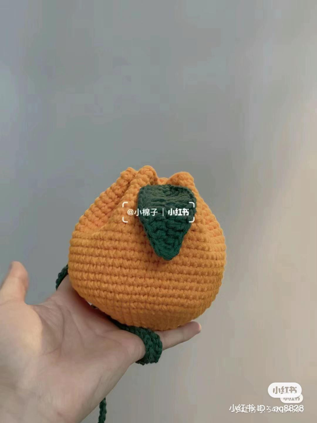 Crochet Orange Bag Pattern with Green Leaf and Drawstring