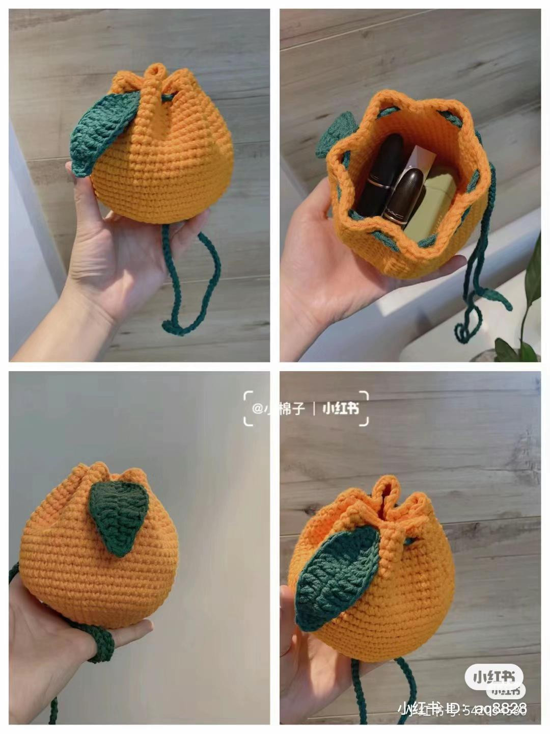 Crochet Orange Bag Pattern with Green Leaf and Drawstring