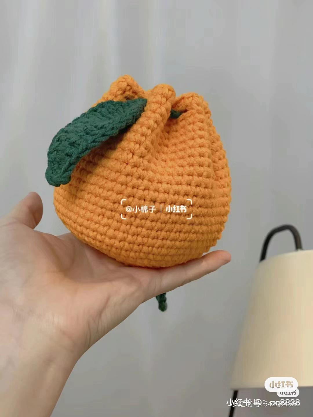 Crochet Orange Bag Pattern with Green Leaf and Drawstring