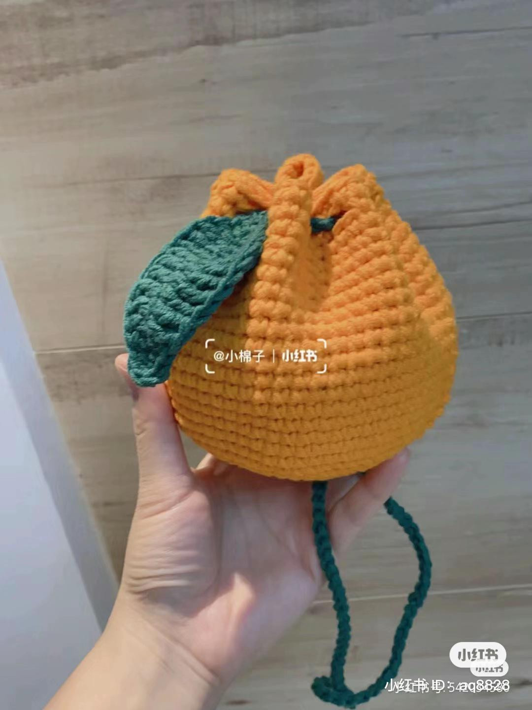 Crochet Orange Bag Pattern with Green Leaf and Drawstring