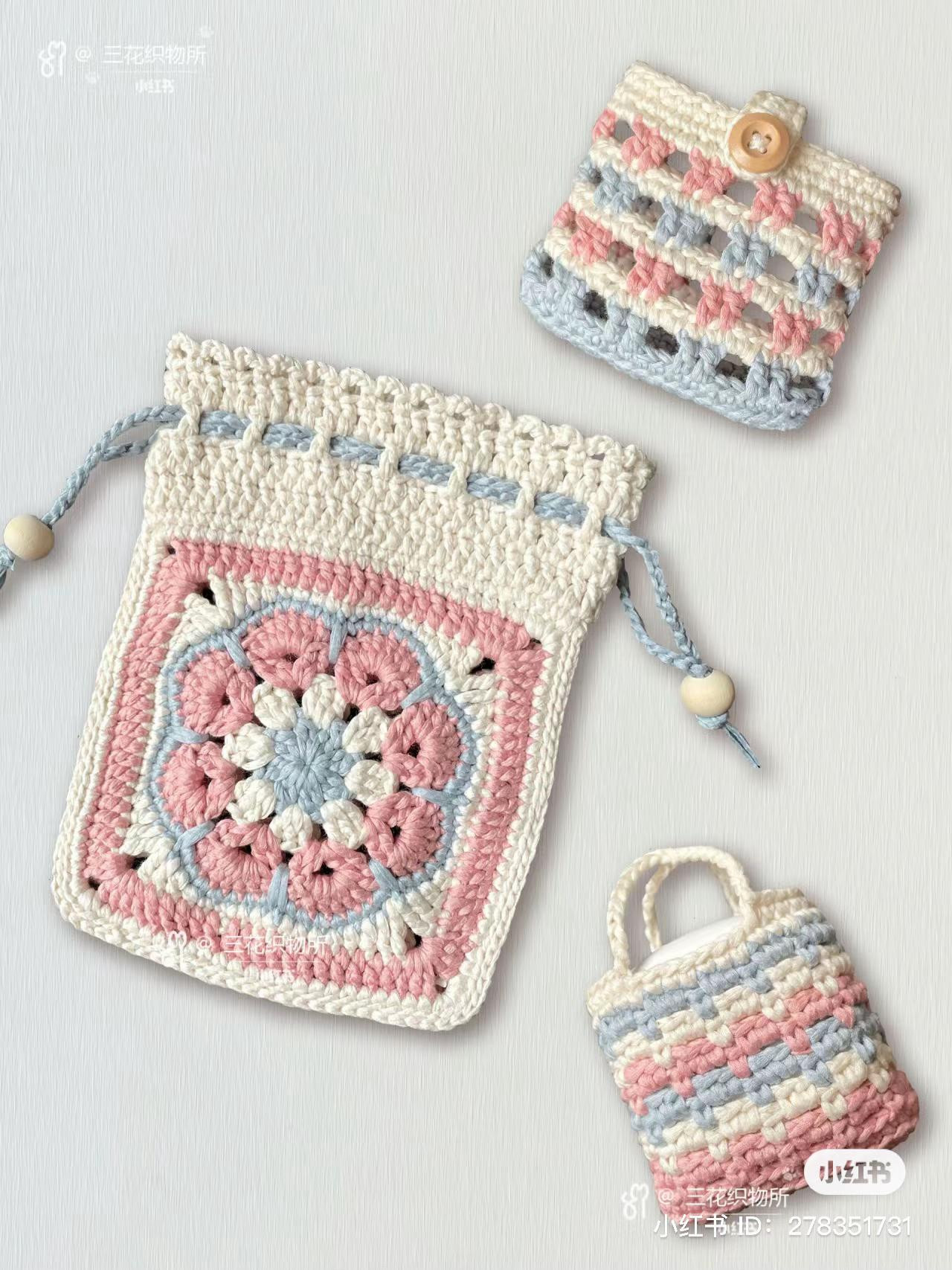Crochet Pastel Granny Square Drawstring Bag and Accessories Pattern