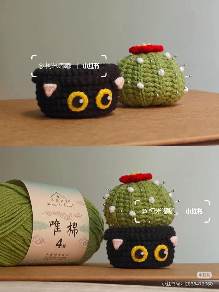 Crochet Pattern: Black Cat Pot with Cactus Amigurumi
