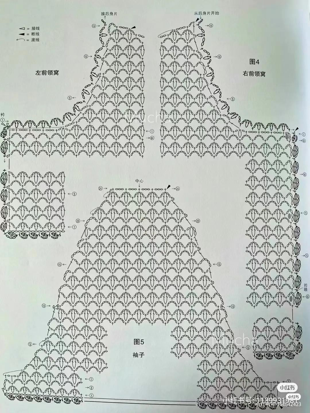 Crochet Pattern Chart for Beige Short-Sleeved Collared Cardigan with Lace Stitch Details
