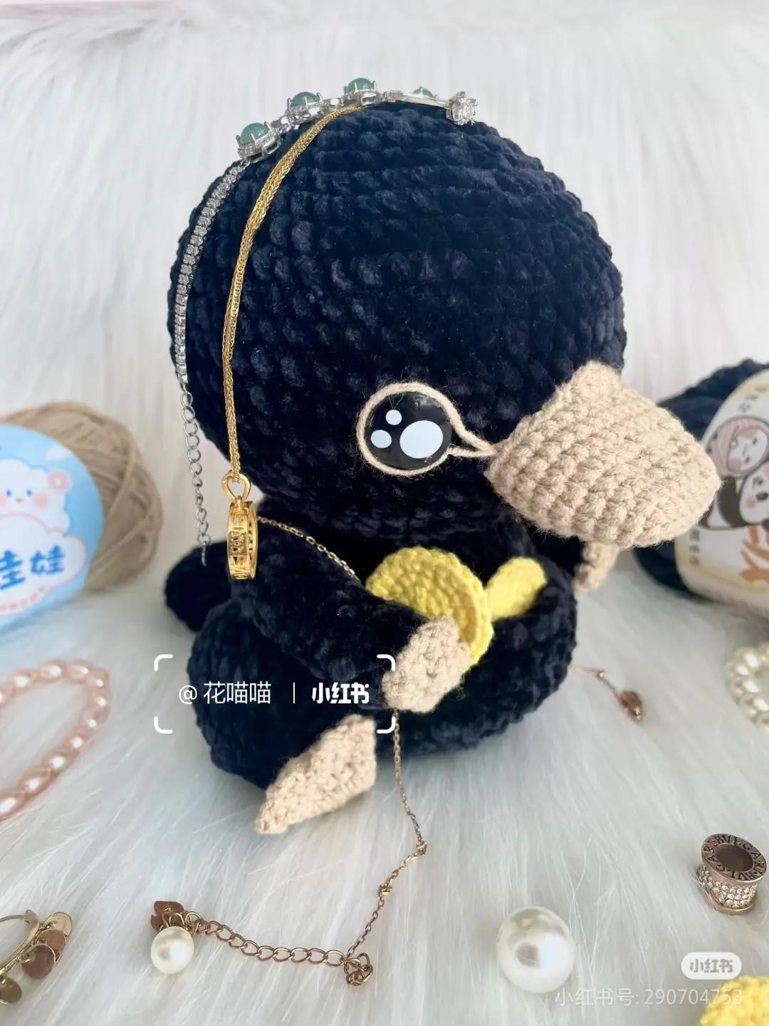 Crochet Pattern Chart for Black Duck Amigurumi Doll with Gold Jewelry