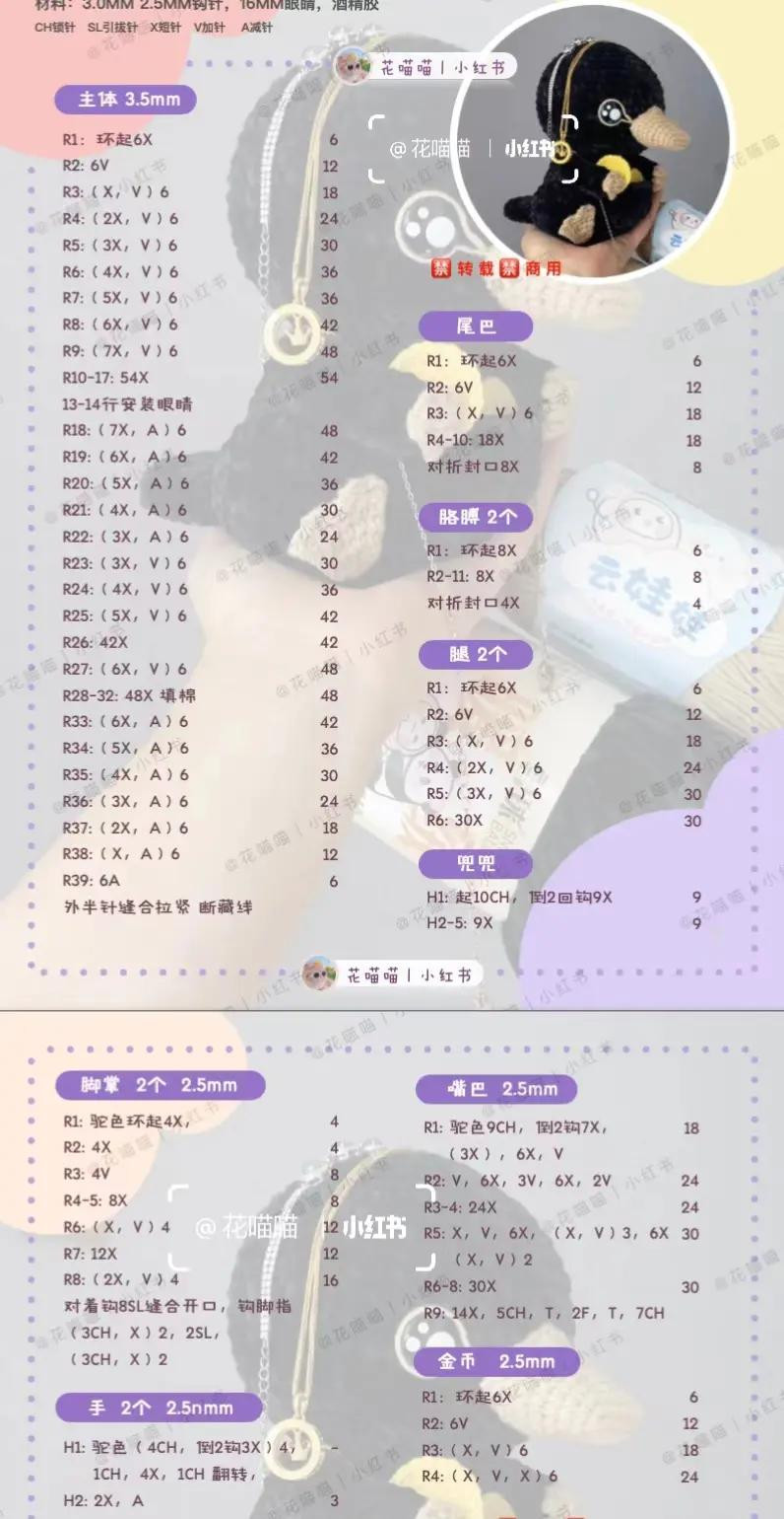 Crochet Pattern Chart for Black Duck Amigurumi Doll with Gold Jewelry