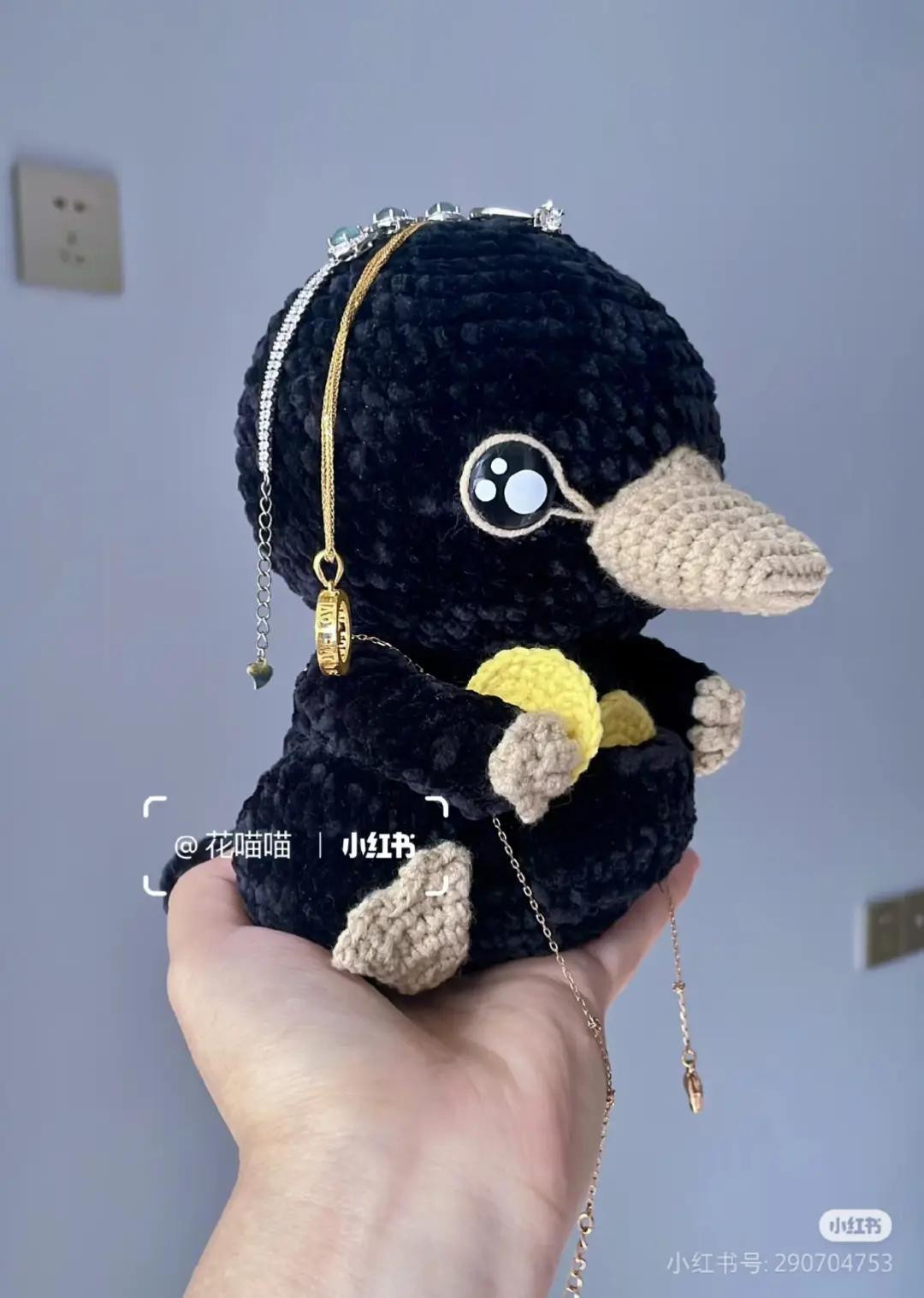 Crochet Pattern Chart for Black Duck Amigurumi Doll with Gold Jewelry
