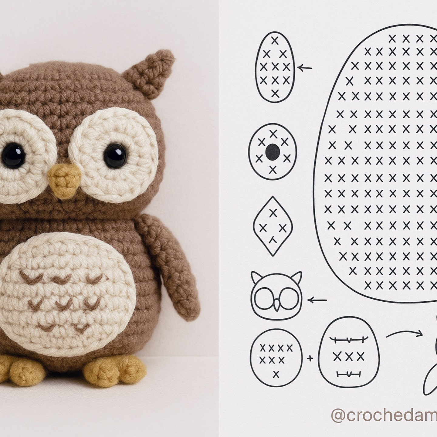 Crochet Pattern Chart for Cute Beige Bunny, Brown Owl and Sleeping Star Amigurumi with Flat Diagrams