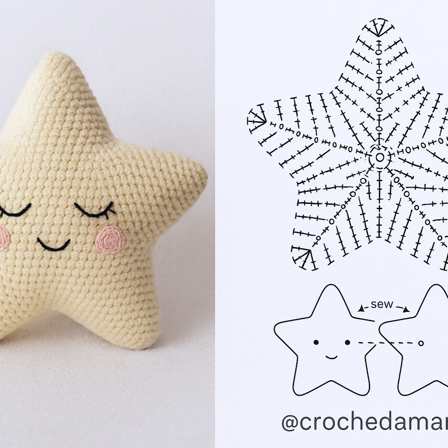 Crochet Pattern Chart for Cute Beige Bunny, Brown Owl and Sleeping Star Amigurumi with Flat Diagrams