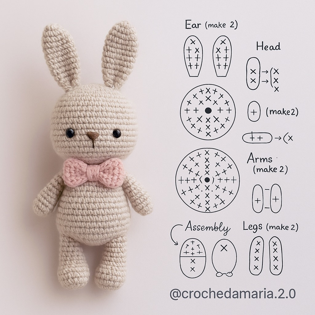 Crochet Pattern Chart for Cute Beige Bunny, Brown Owl and Sleeping Star Amigurumi with Flat Diagrams
