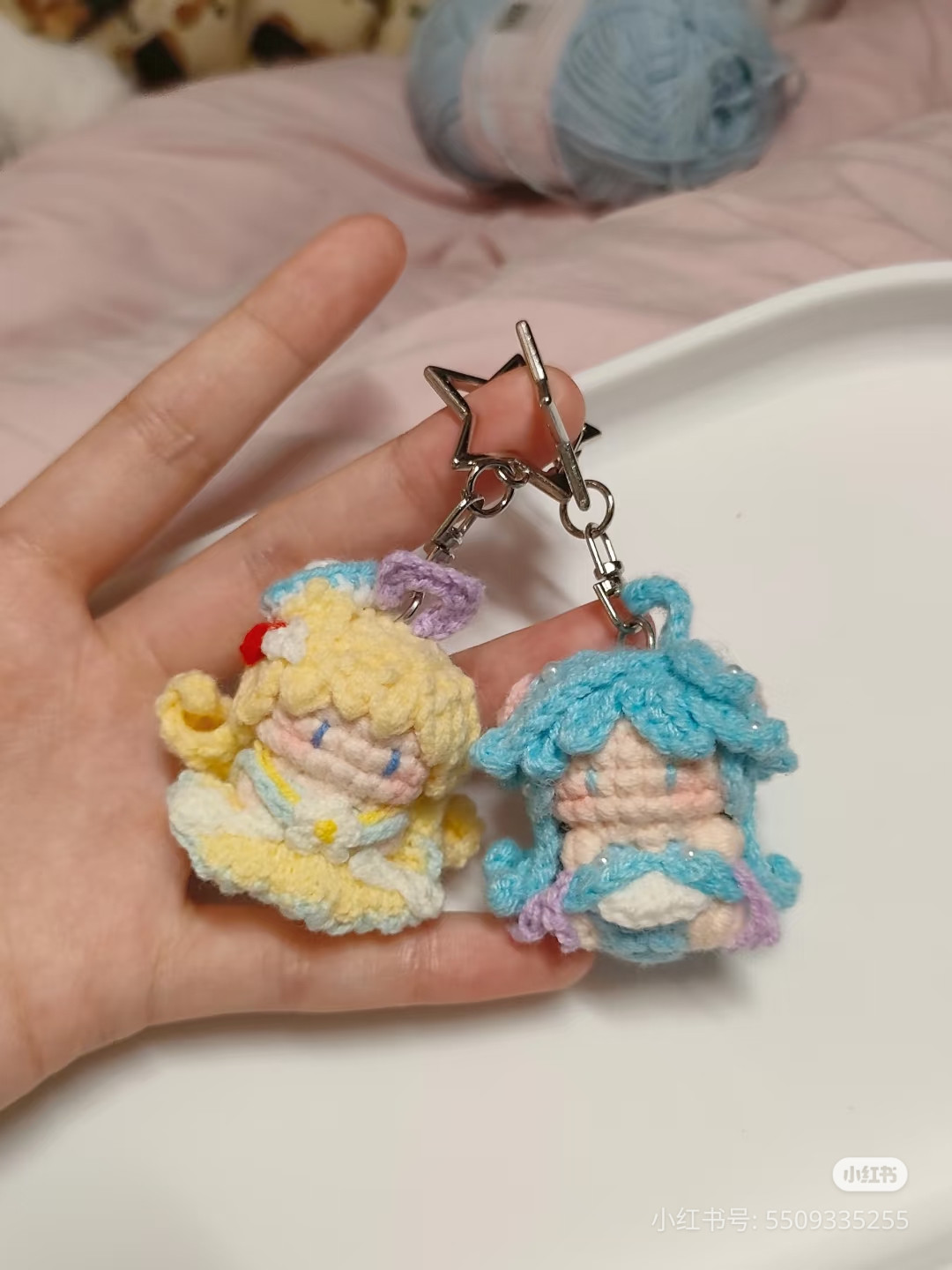 Crochet Pattern Chart for Cute Blue and Yellow Amigurumi Doll Keychains