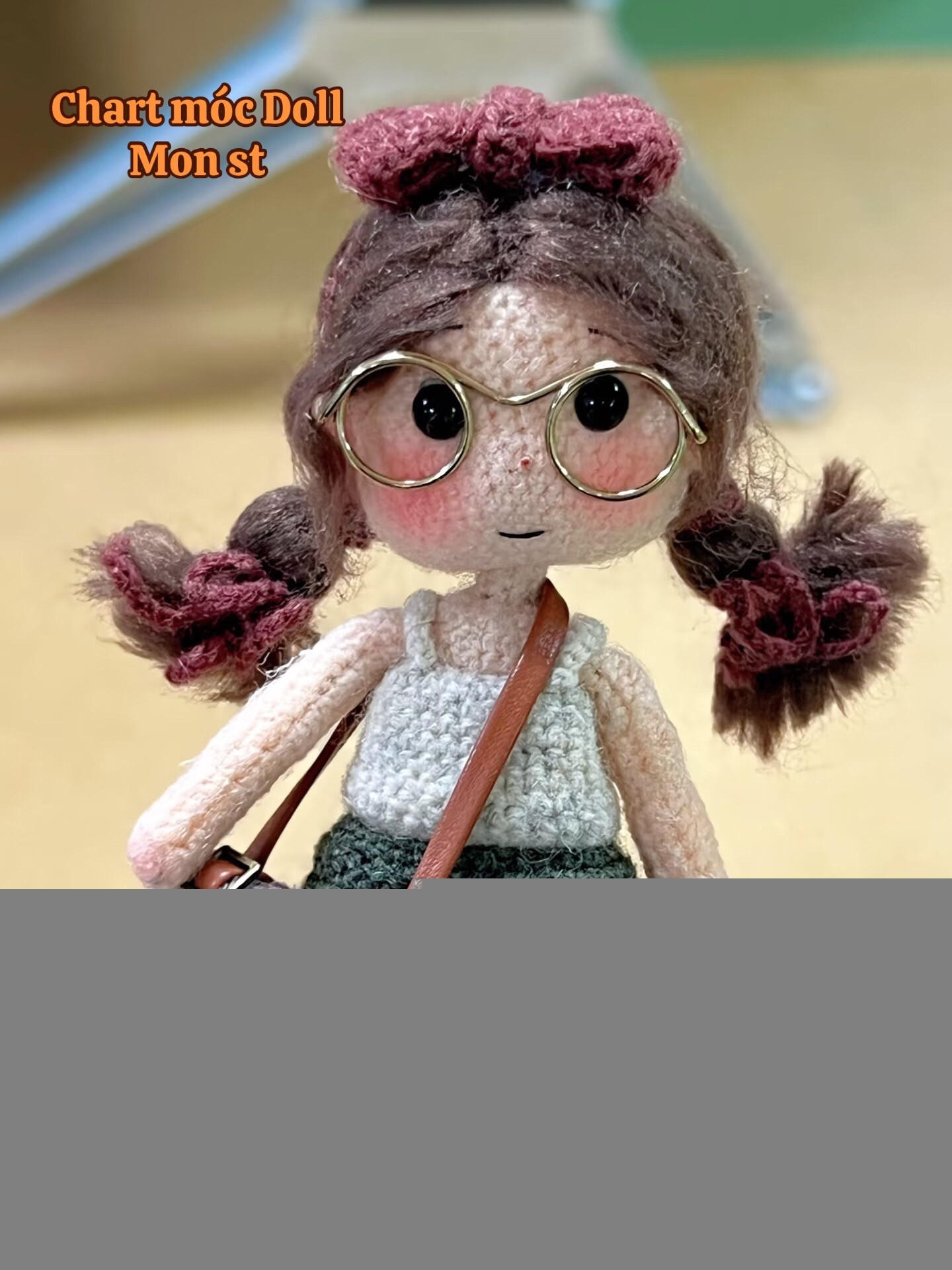 Crochet Pattern Chart for Cute Girl Doll with Glasses and Bag