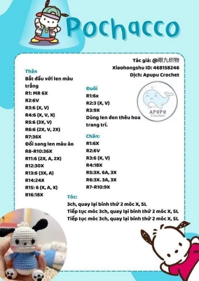 Crochet Pattern Chart for Cute Pochacco Dog Amigurumi with Blue Bib