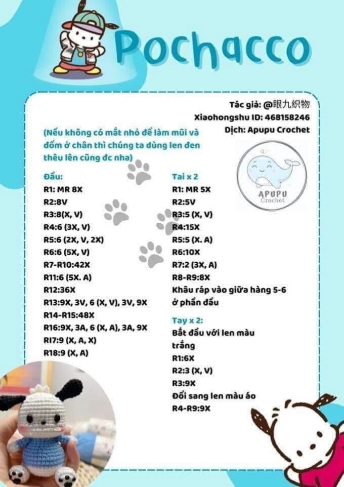 Crochet Pattern Chart for Cute Pochacco Dog Amigurumi with Blue Bib