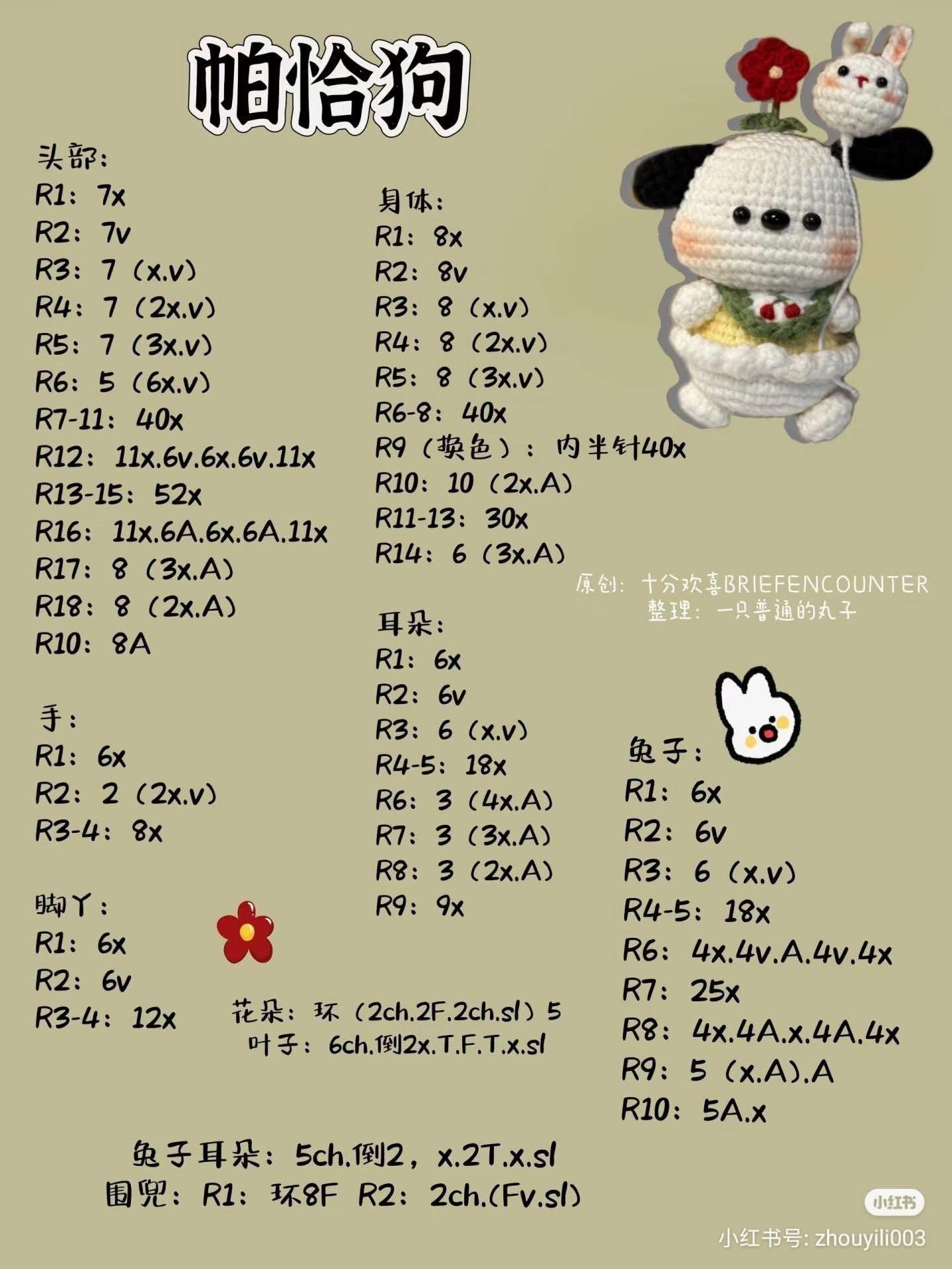 Crochet Pattern Chart for Cute Pochacco Dog Amigurumi with Blue Bib