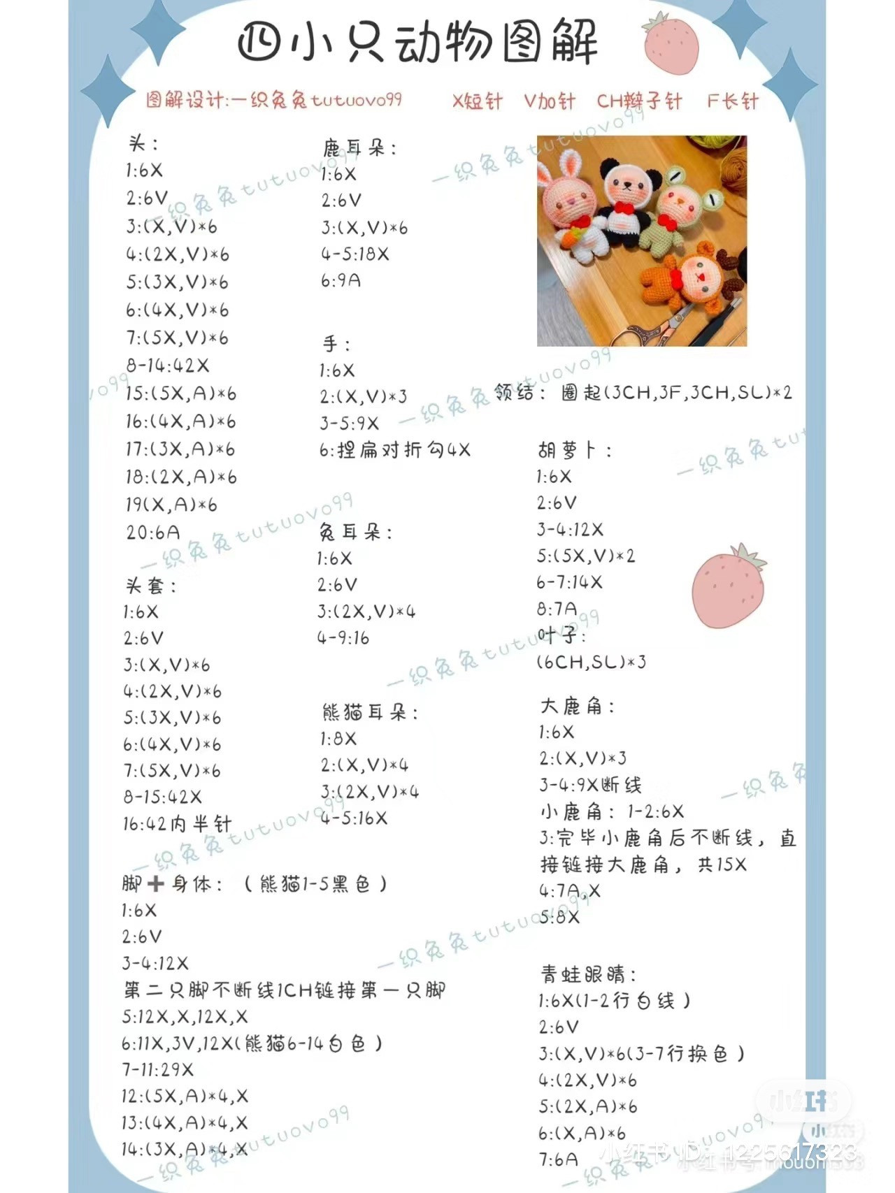 Crochet Pattern Chart for Four Cute Animal Amigurumi Keychains