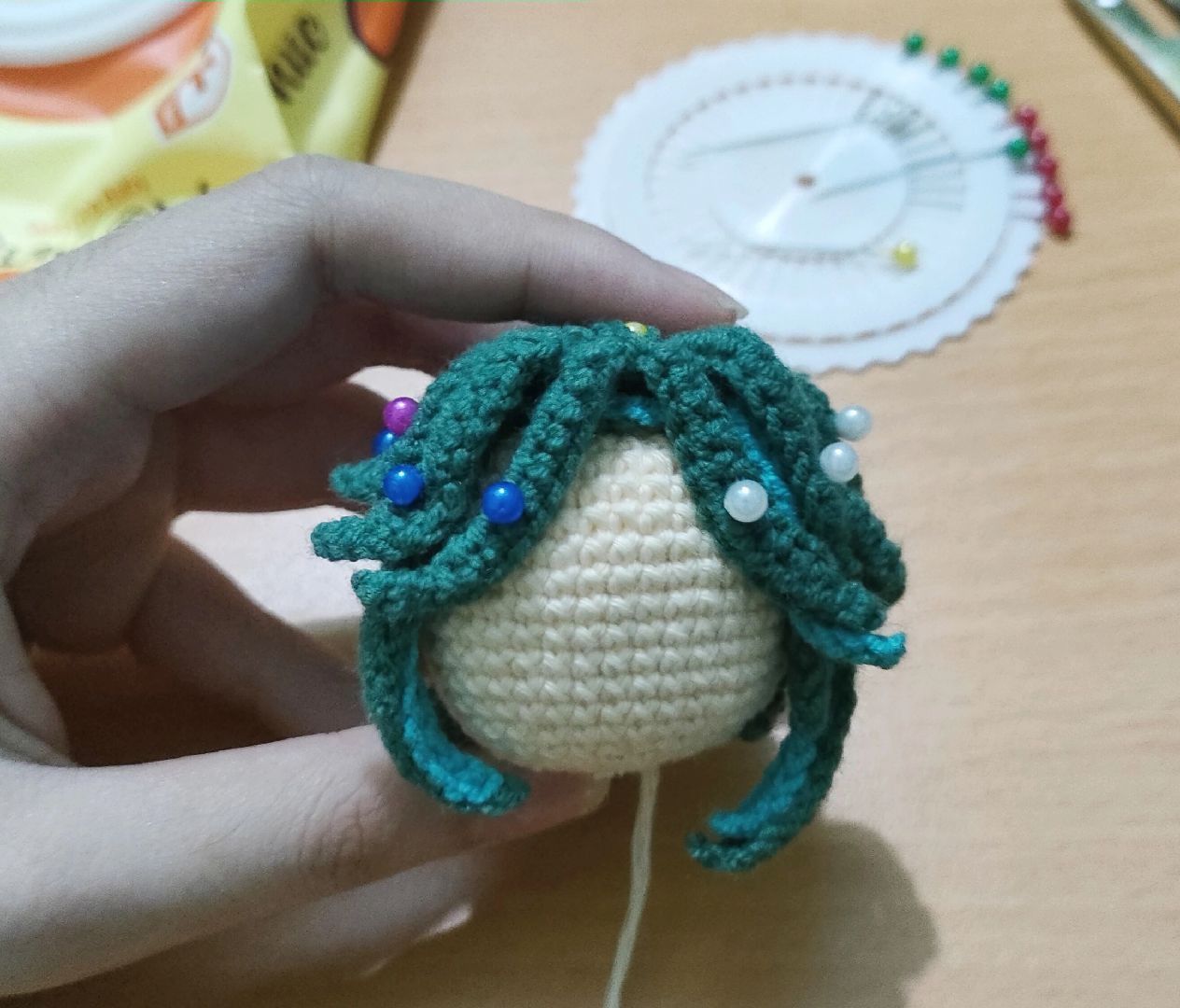 Crochet Pattern Chart for Green-Haired Amigurumi Doll Head and Hair