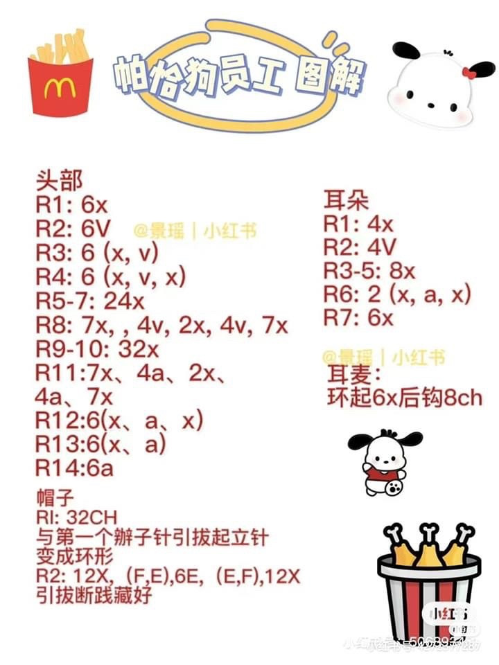 Crochet Pattern Chart for McDonald's Employee Pochacco Doll with Head, Ears and Hat Instructions