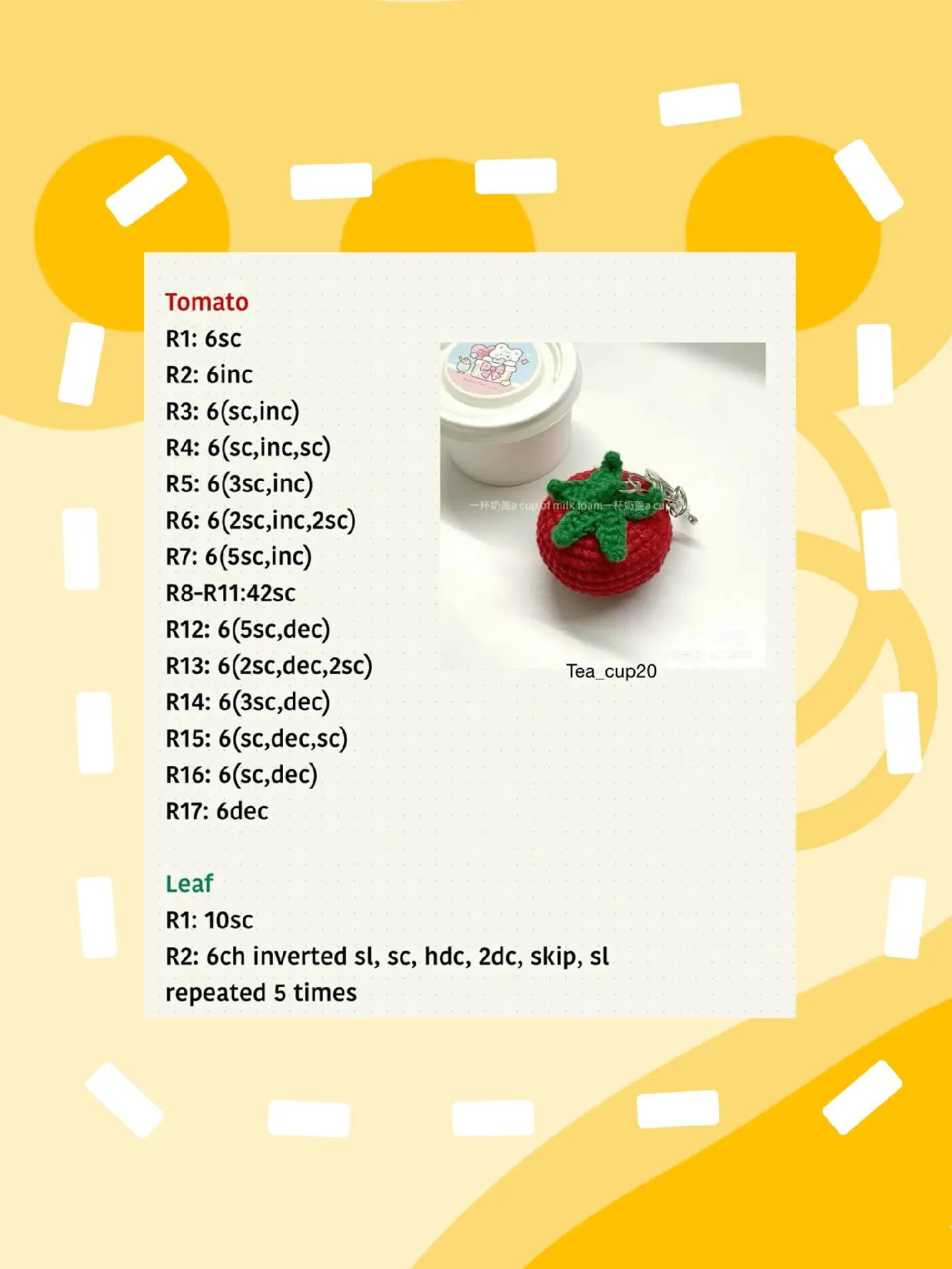 Crochet Pattern Chart for Pumpkin, Tomato, Croissant, Egg Toast and Tangerine