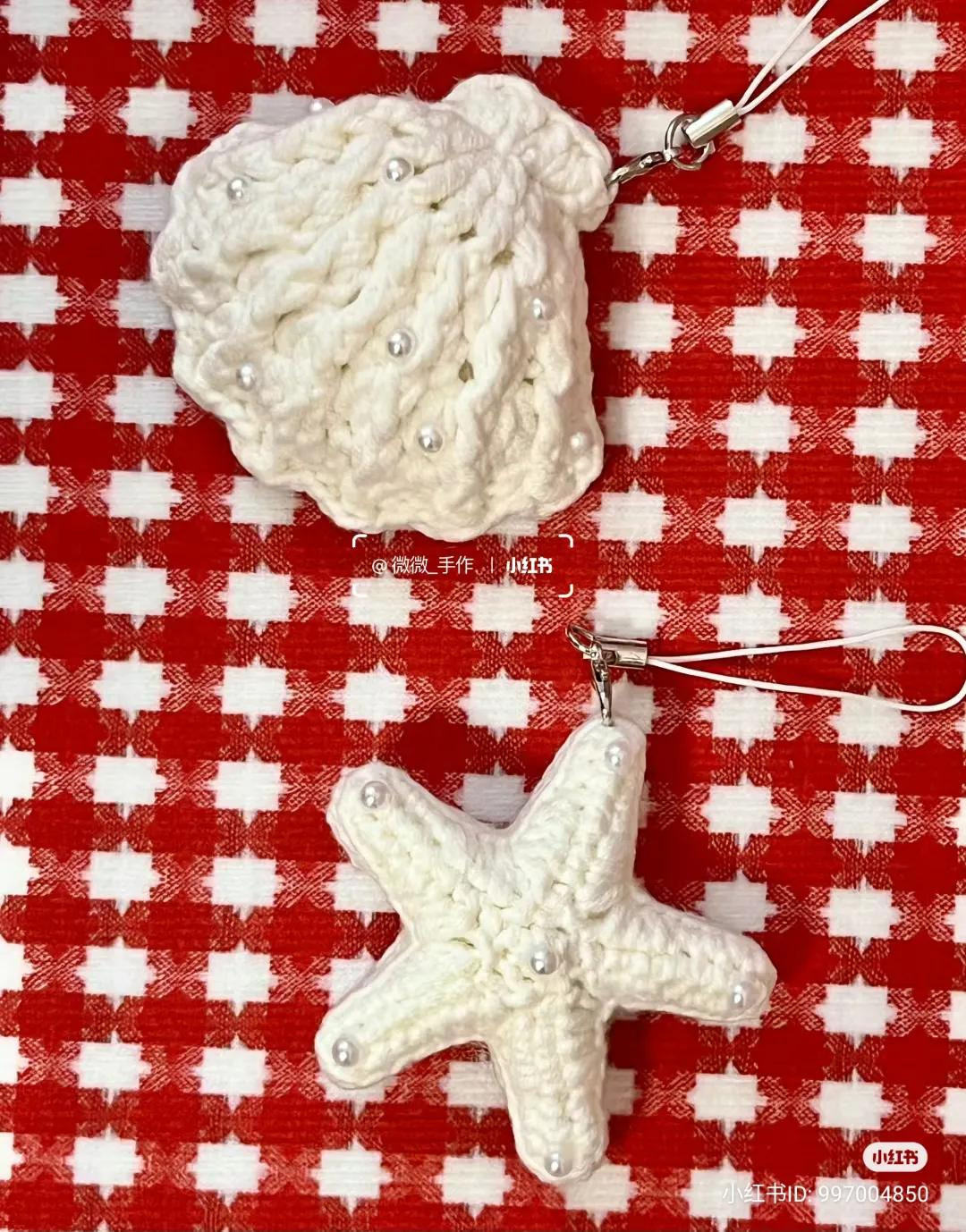 Crochet Pattern Chart for White Starfish and Shell Charms with Pearls