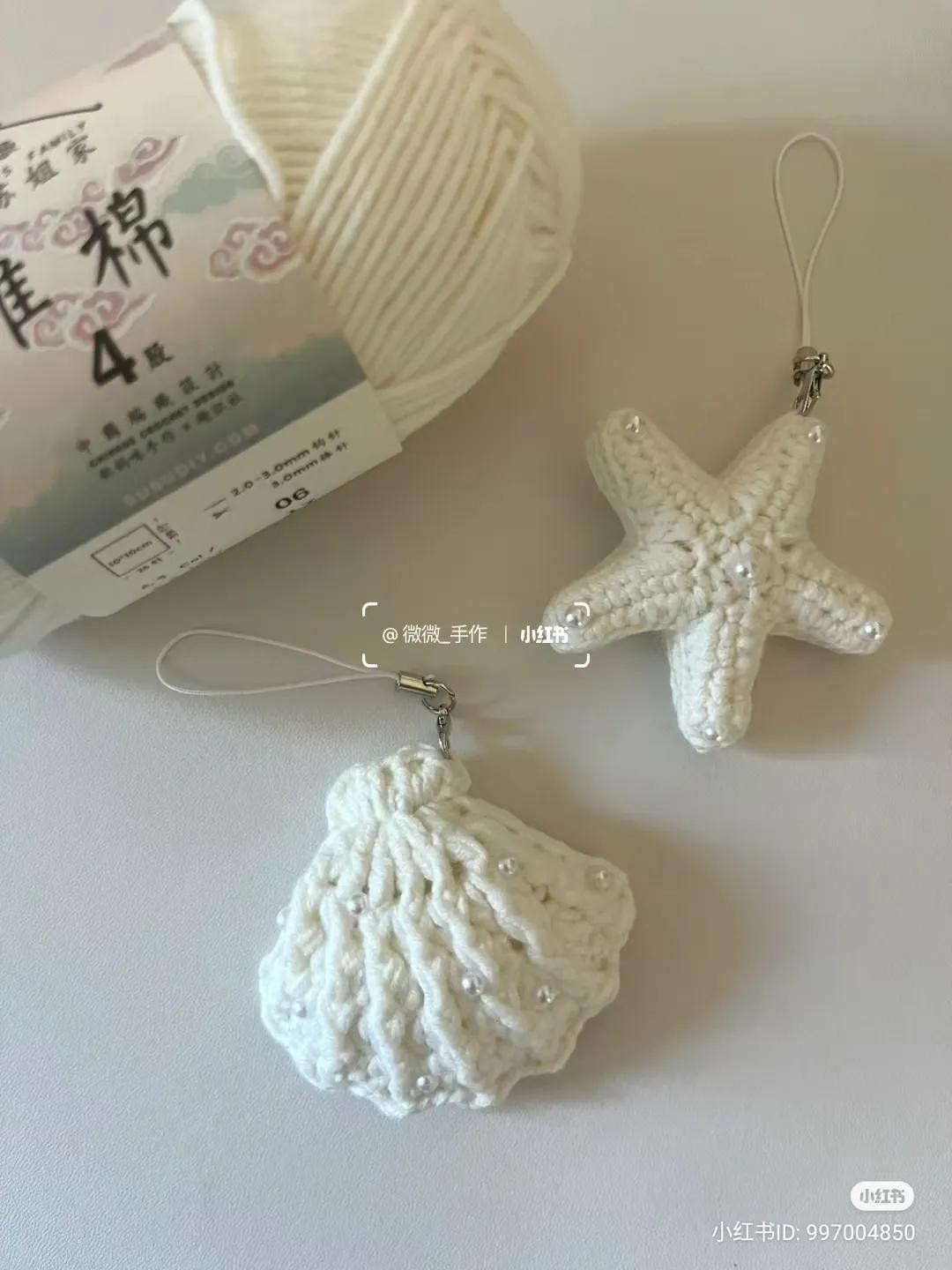 Crochet Pattern Chart for White Starfish and Shell Charms with Pearls