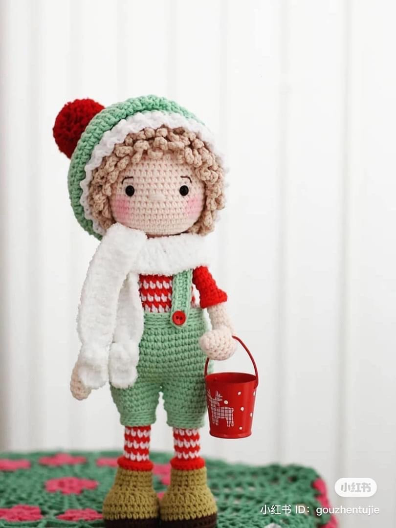 Crochet Pattern: Christmas Elf Doll with Green Overalls and Red Bucket