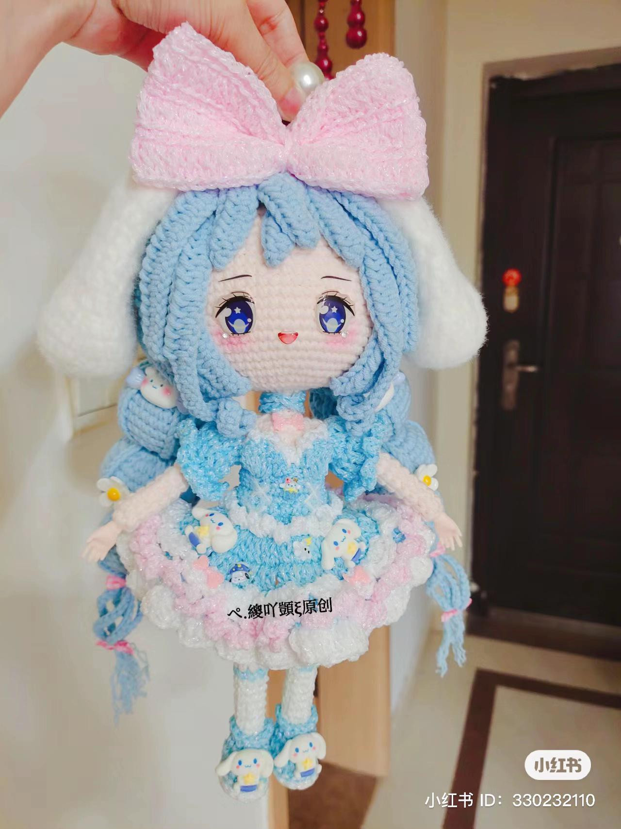 Crochet Pattern: Cinnamoroll Girl Doll with Blue Hair and Pink Bow