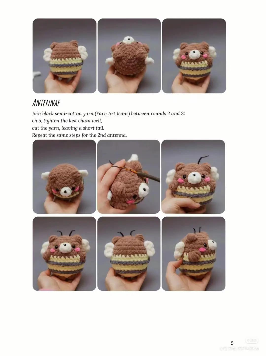 Crochet Pattern: Cute Bear Bee Amigurumi - Brown, Yellow & Gray Striped Honeycomb Design