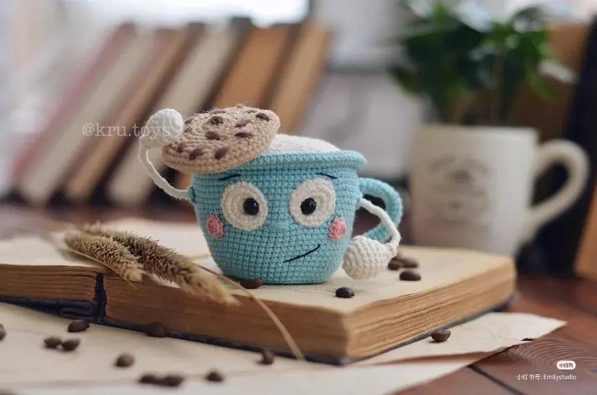 Crochet Pattern: Cute Blue Coffee Cup with Cookie Lid Amigurumi Doll