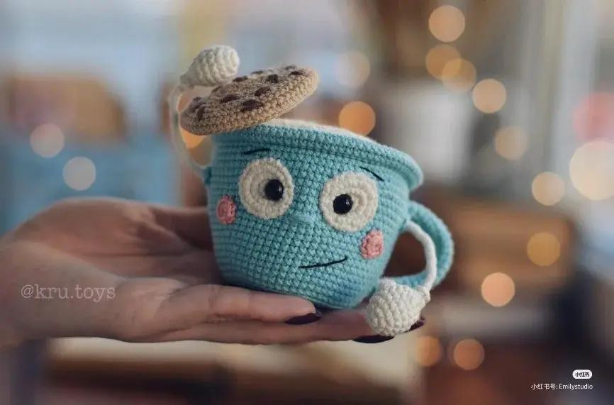 Crochet Pattern: Cute Blue Coffee Cup with Cookie Lid Amigurumi Doll