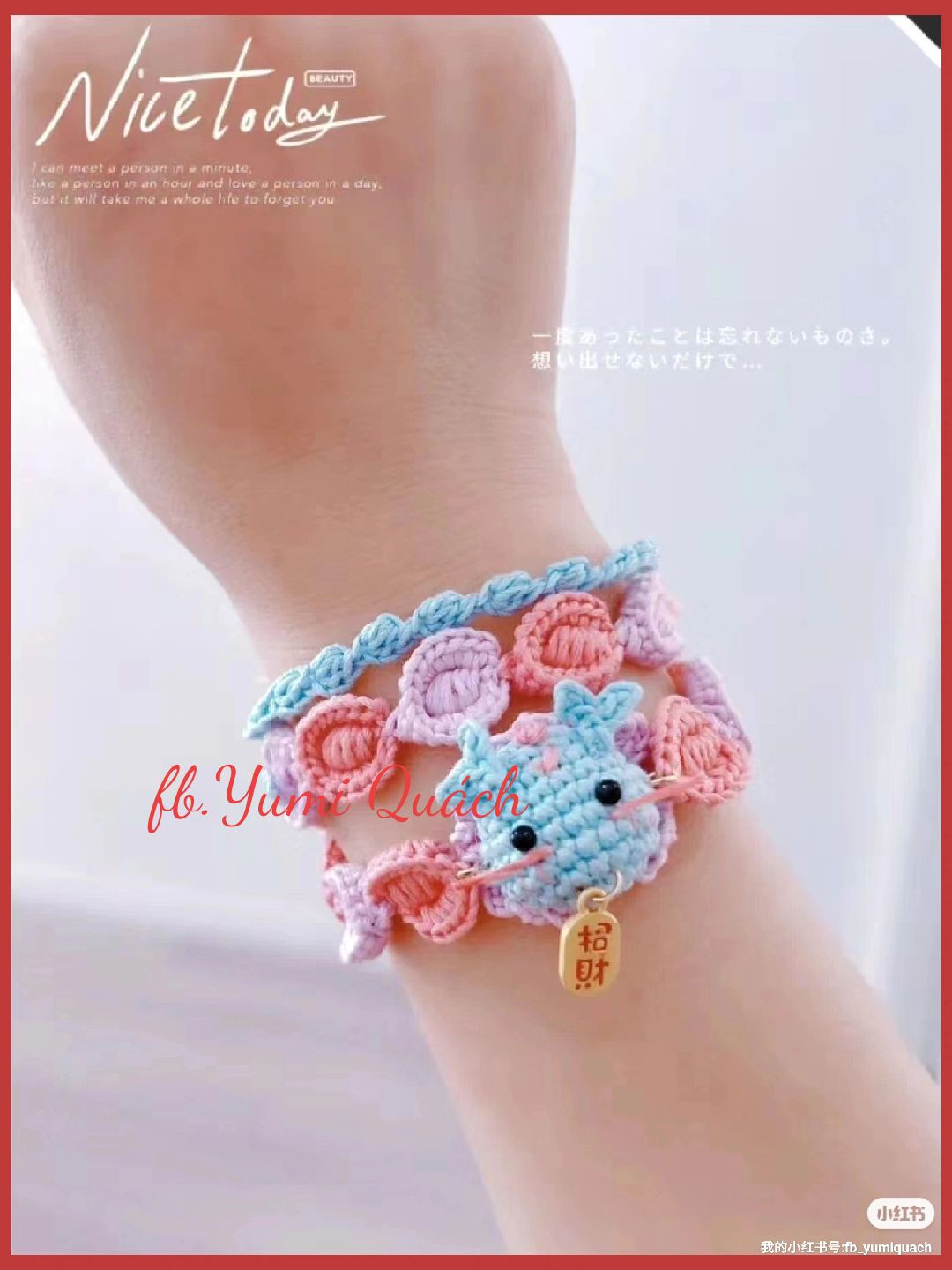 Crochet Pattern: Cute Blue Dragon Bracelet with Pink Accents