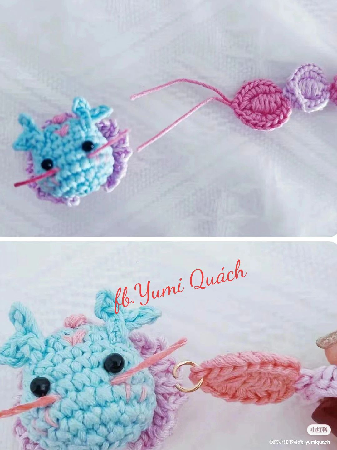 Crochet Pattern: Cute Blue Dragon Bracelet with Pink Accents