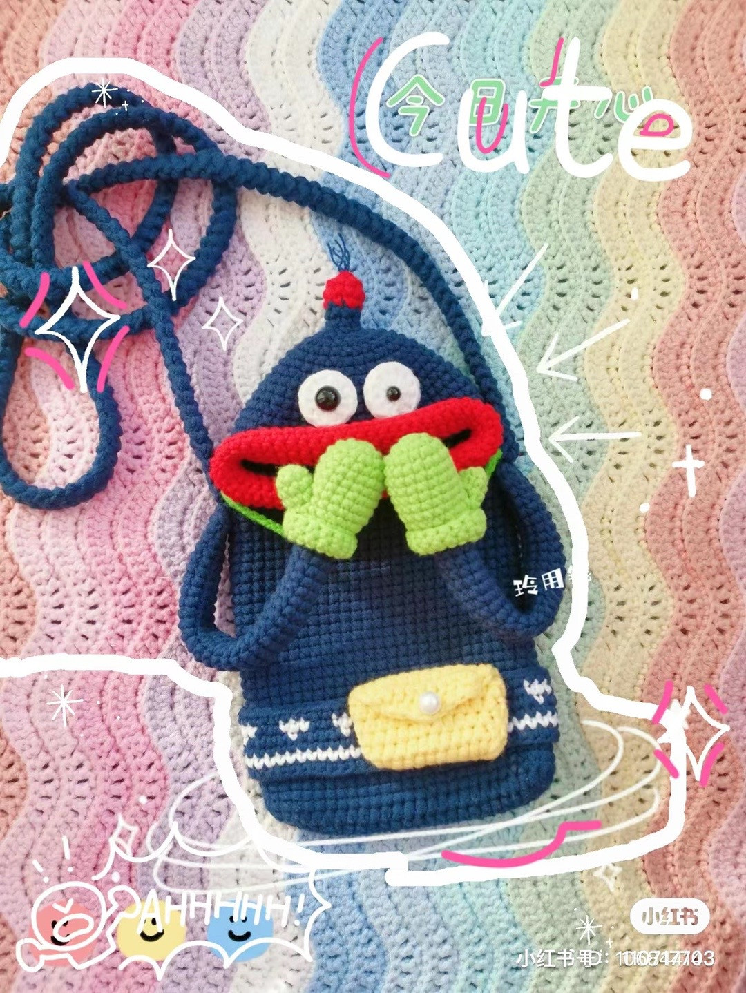 Crochet Pattern: Cute Blue Monster Bag with Red Mouth and Green Gloves