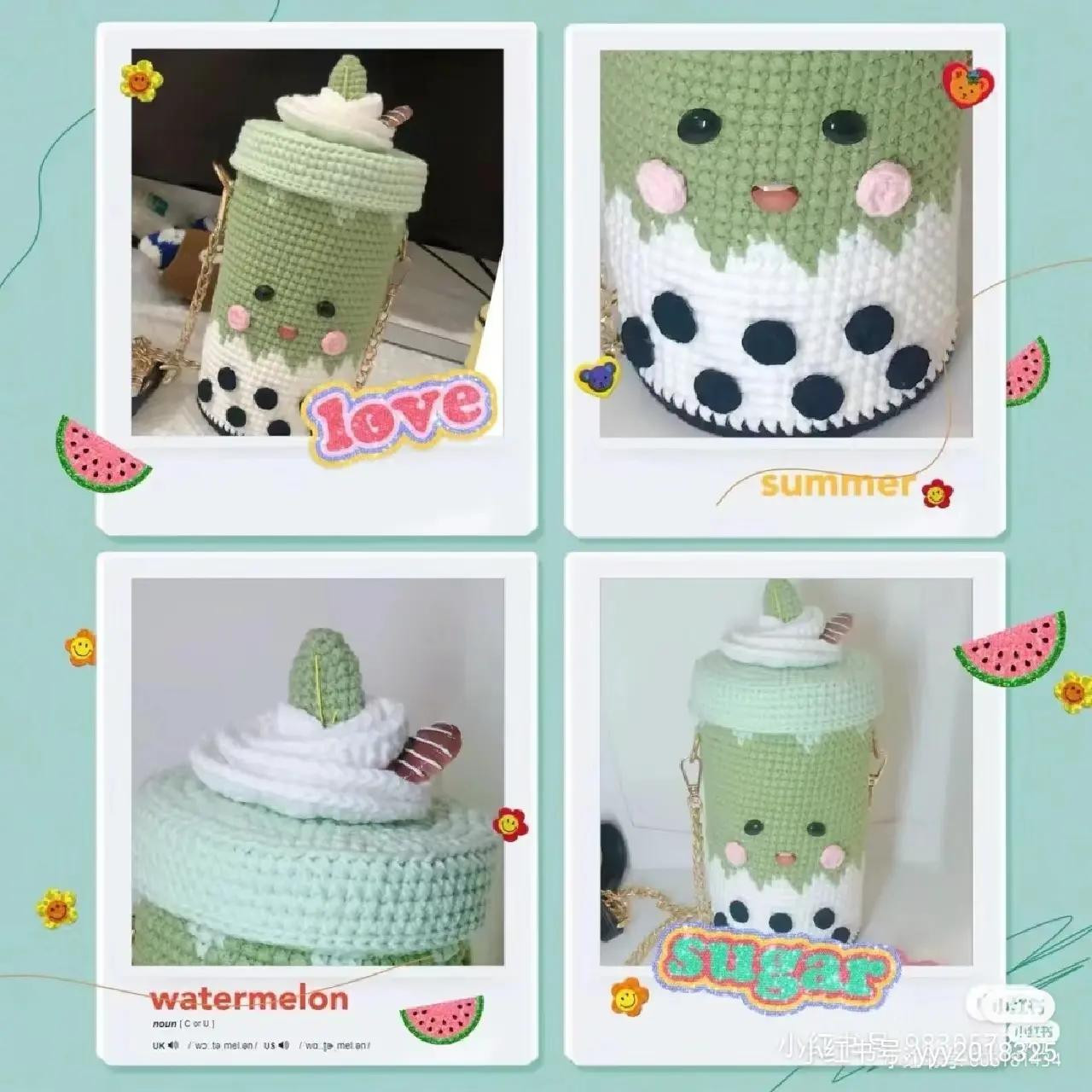 Crochet Pattern: Cute Bubble Milk Tea Bag with Green Matcha Design and Pearl Details