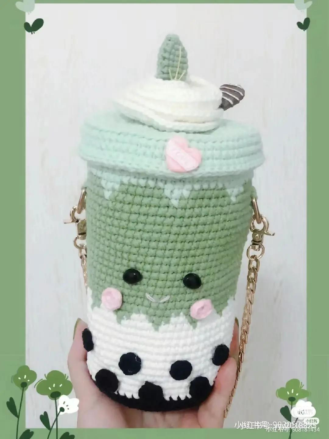 Crochet Pattern: Cute Bubble Milk Tea Bag with Green Matcha Design and Pearl Details