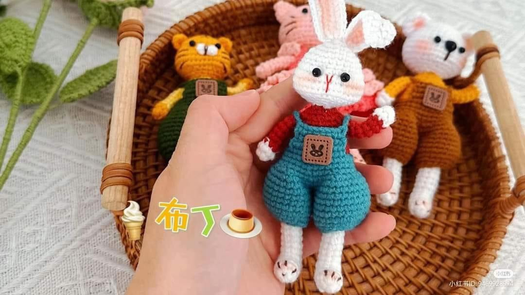 Crochet Pattern: Cute Bunny in Blue Overalls Amigurumi