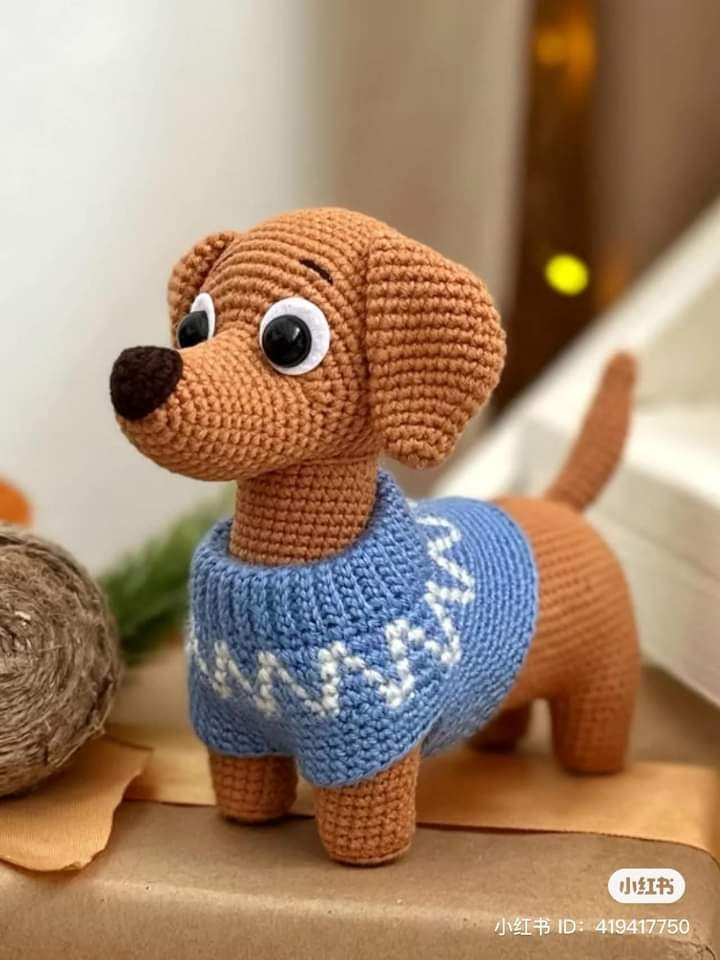 Crochet Pattern: Cute Dachshund Dog in Blue Sweater