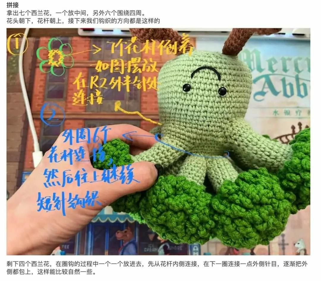 Crochet Pattern: Cute Green Broccoli Amigurumi Doll with Face and Legs