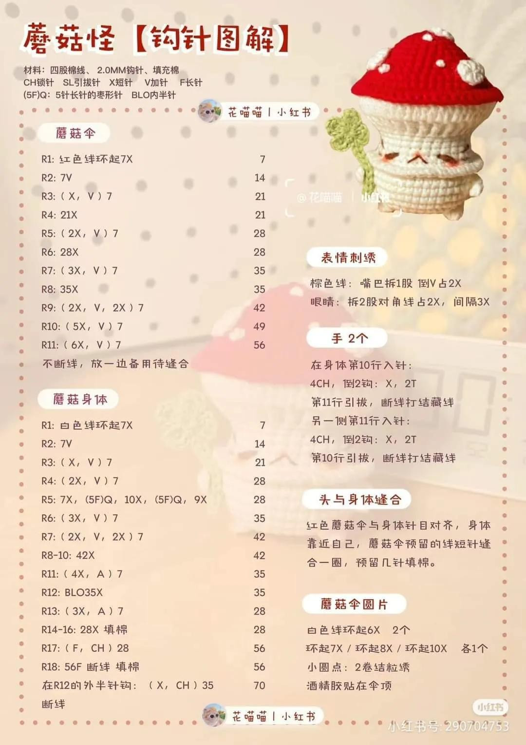 Crochet Pattern: Cute Mushroom Monster Amigurumi with Red Cap and Four-Leaf Clover Accessory