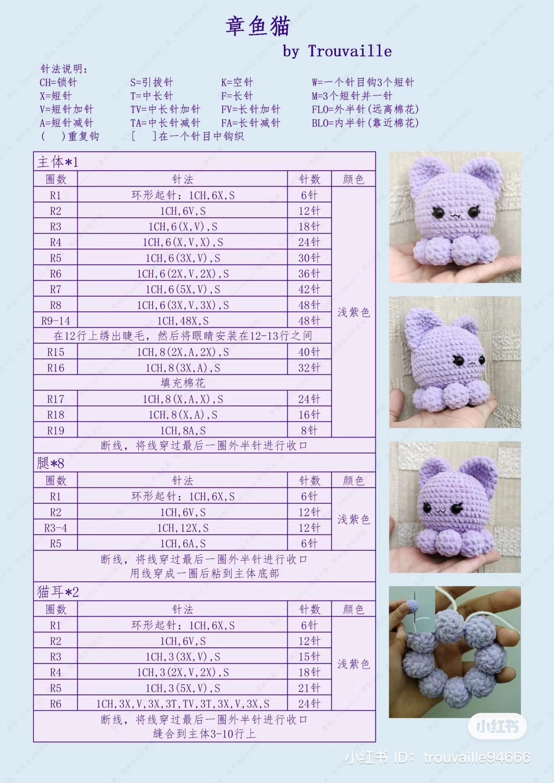 Crochet Pattern: Cute Purple Octopus Cat Amigurumi