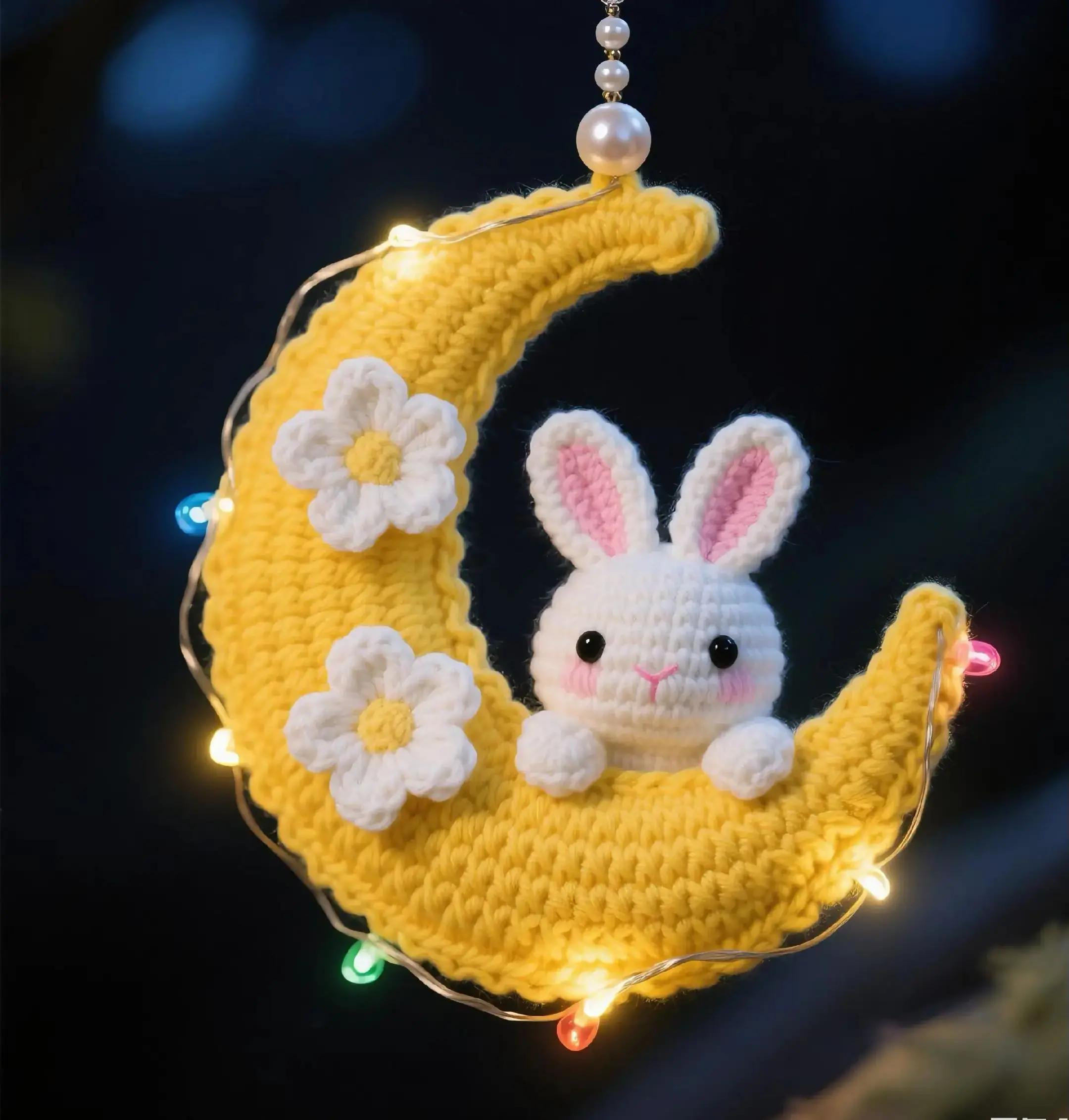 Crochet Pattern: Cute Rabbit on Moon Keychain