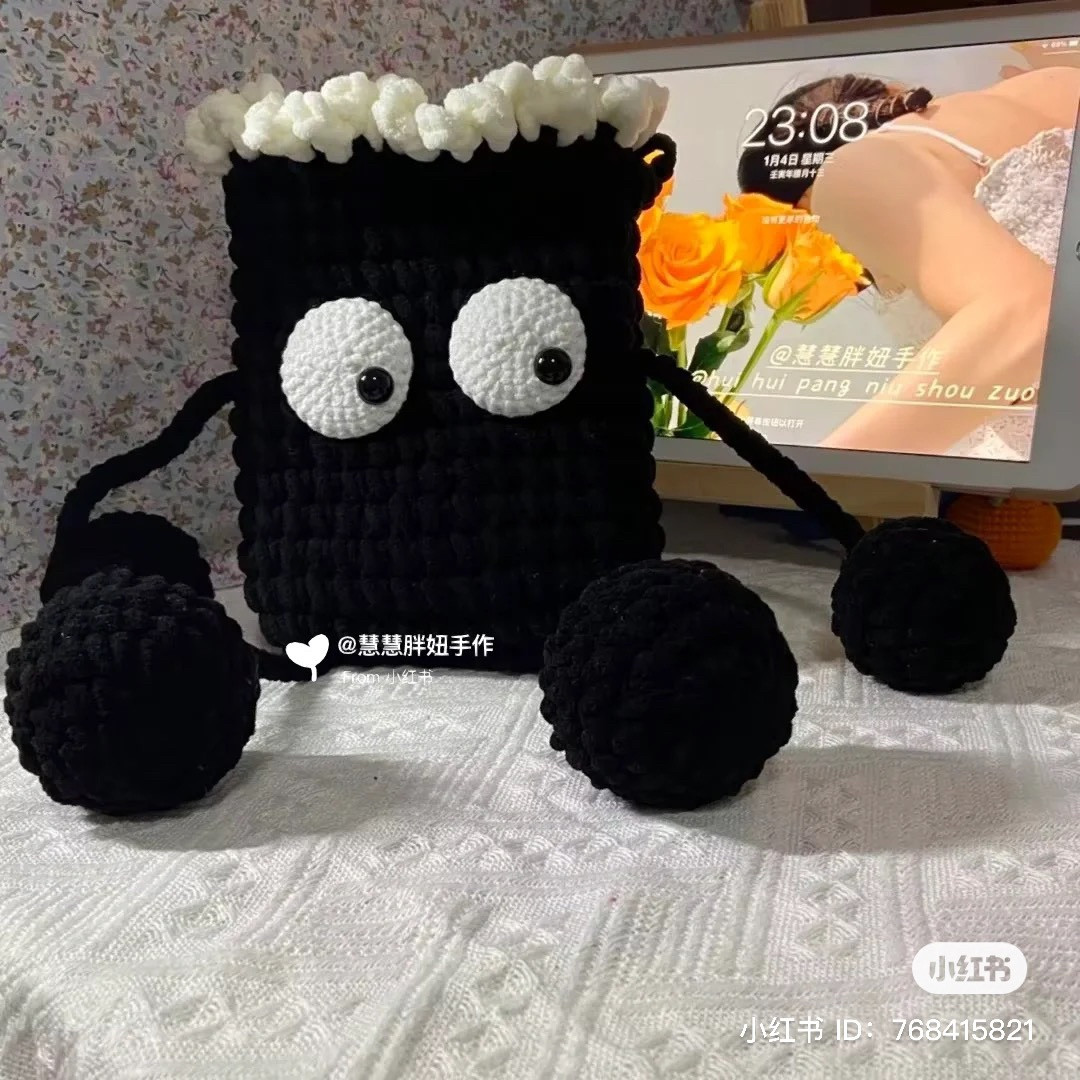 Crochet Pattern for Black Soot Monster Bag with White Fringe and Big Eyes