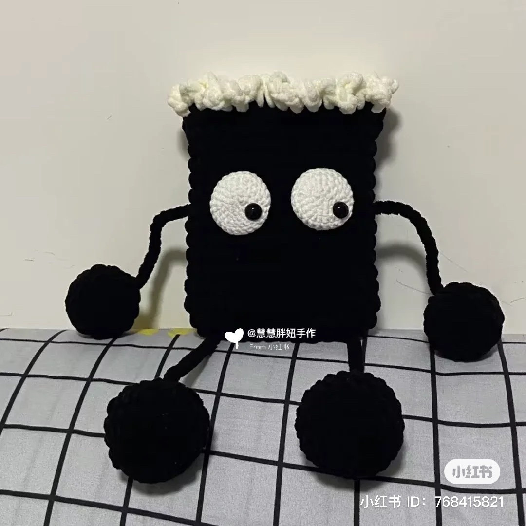Crochet Pattern for Black Soot Monster Bag with White Fringe and Big Eyes
