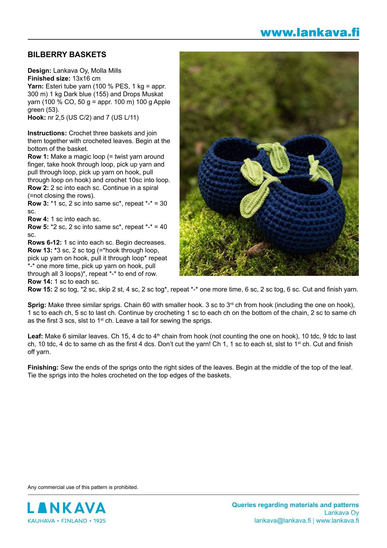 Crochet Pattern for Blue Bilberry Baskets with Green Leaves by Lankava