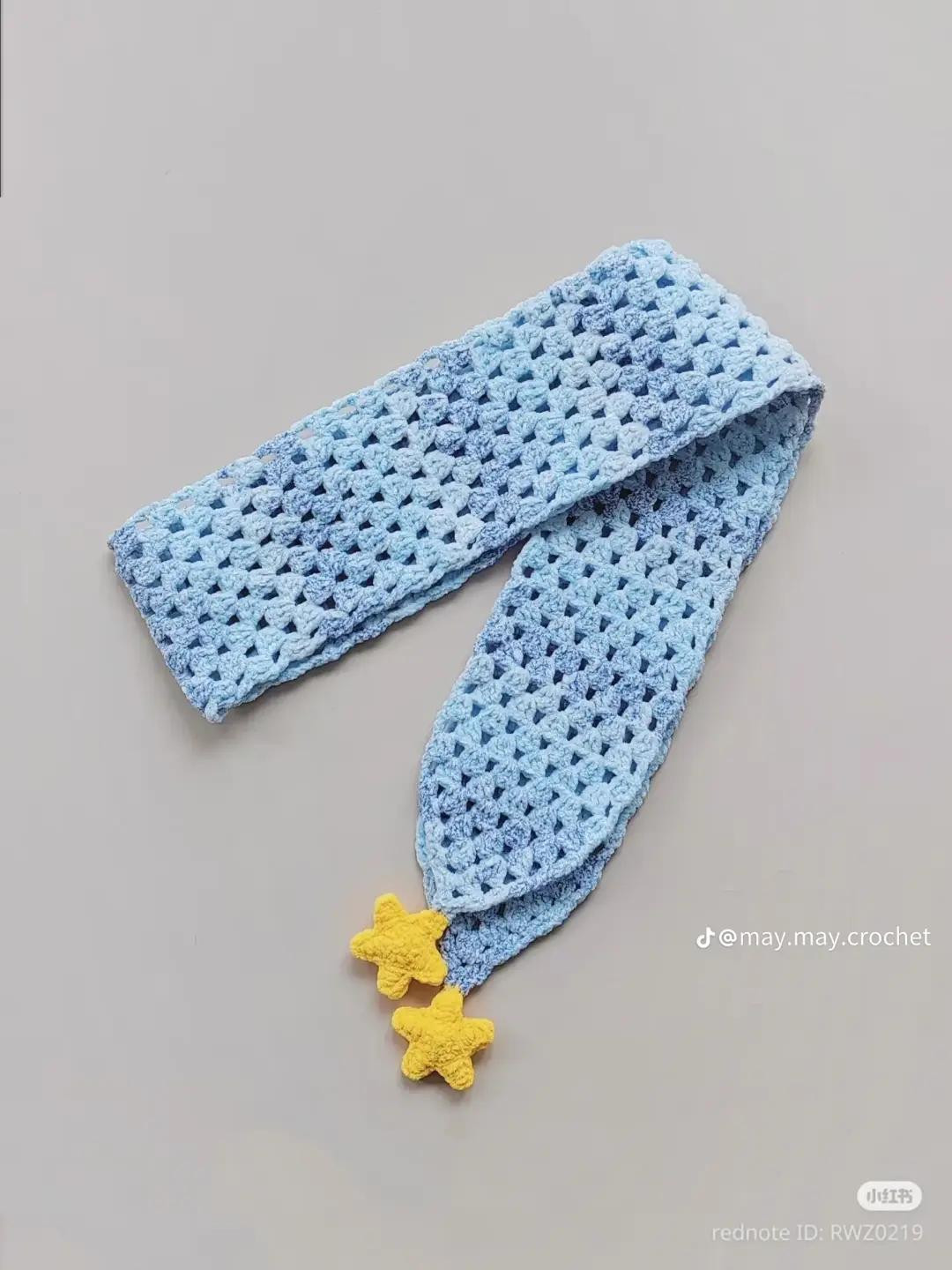 Crochet Pattern for Blue Gradient Kids Scarf with Yellow Stars
