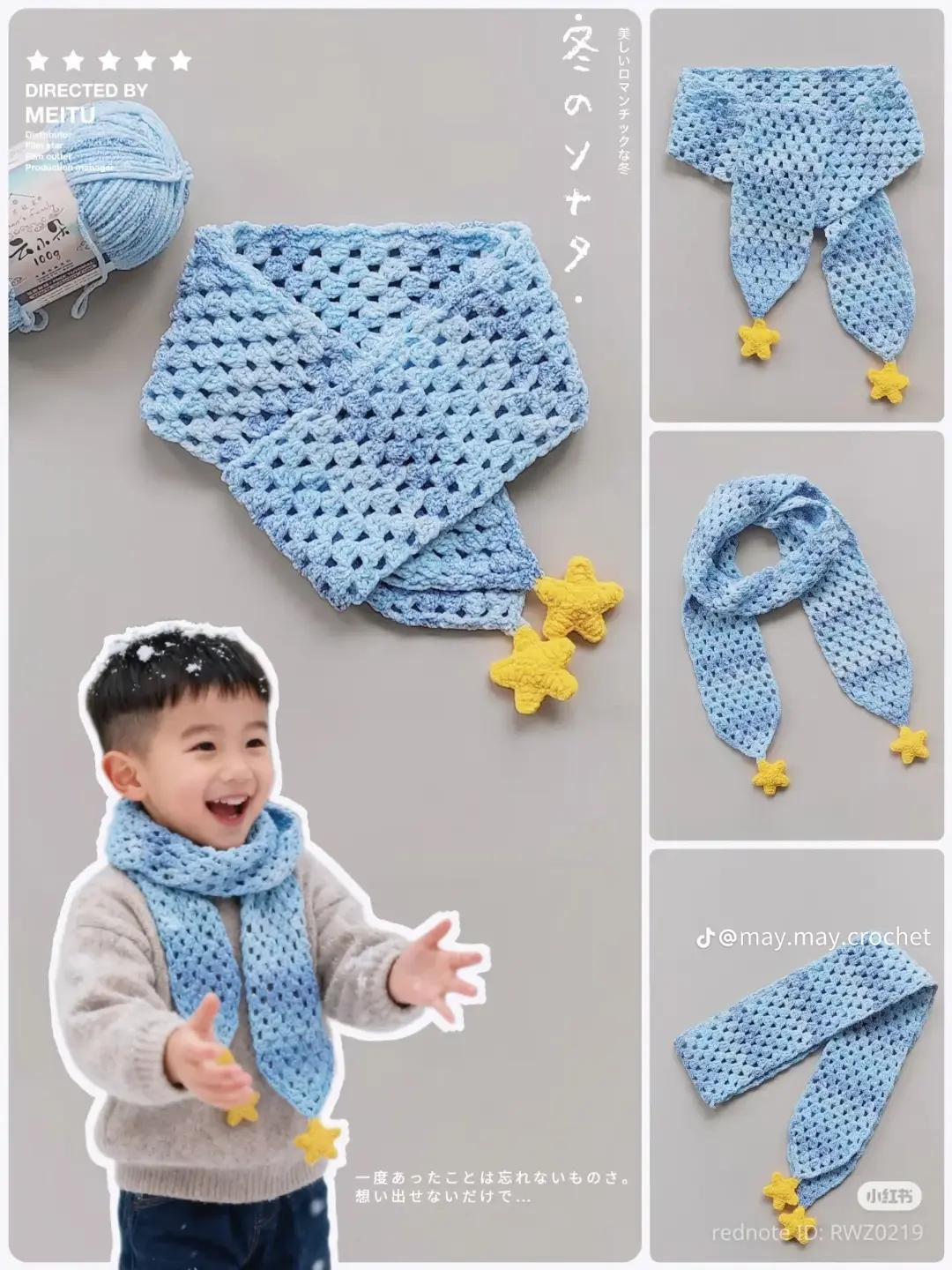 Crochet Pattern for Blue Gradient Kids Scarf with Yellow Stars