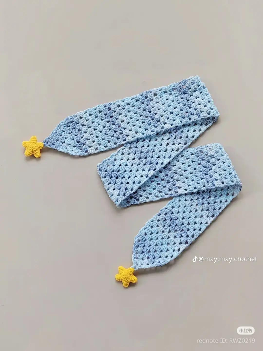 Crochet Pattern for Blue Gradient Kids Scarf with Yellow Stars