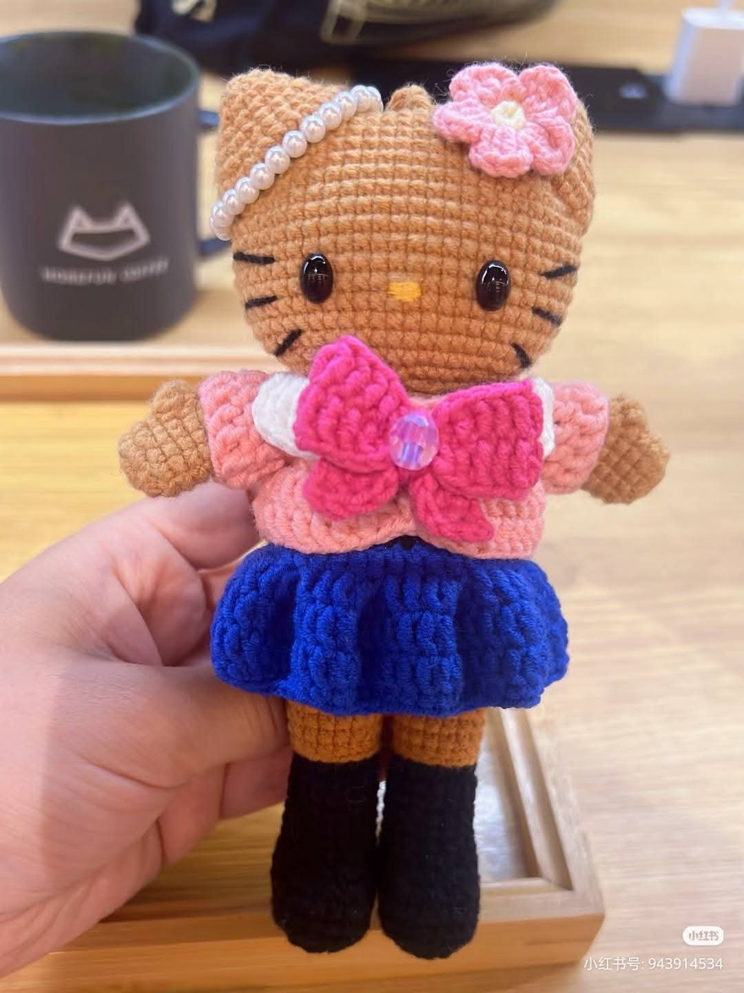 Crochet Pattern for Brown Cat Doll in Black Dress