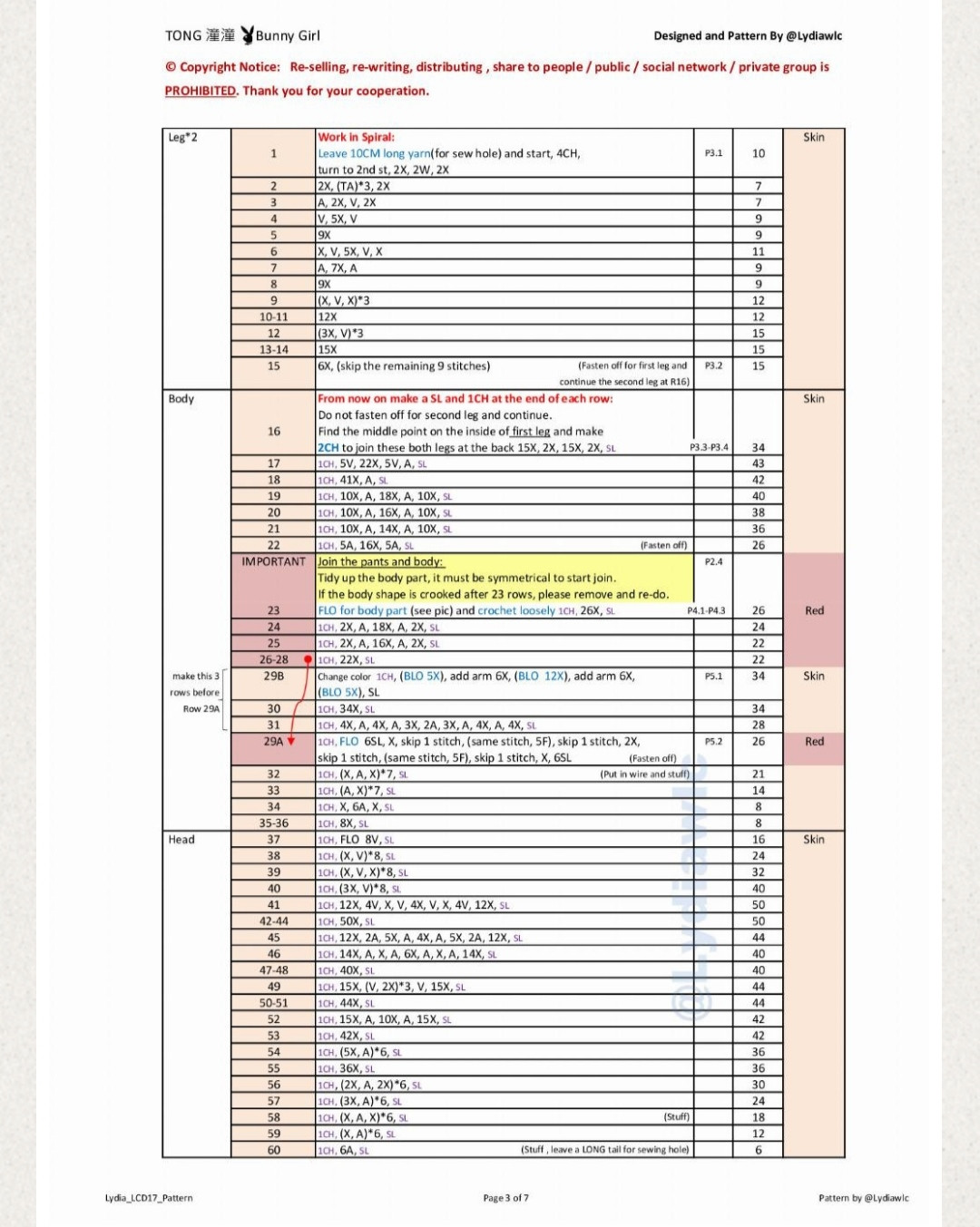 Crochet Pattern for Bunny Girl Amigurumi Doll with Red Ears