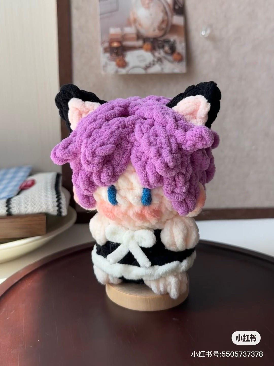 Crochet Pattern for Catgirl Maid Doll with Purple Hair and Black Dress