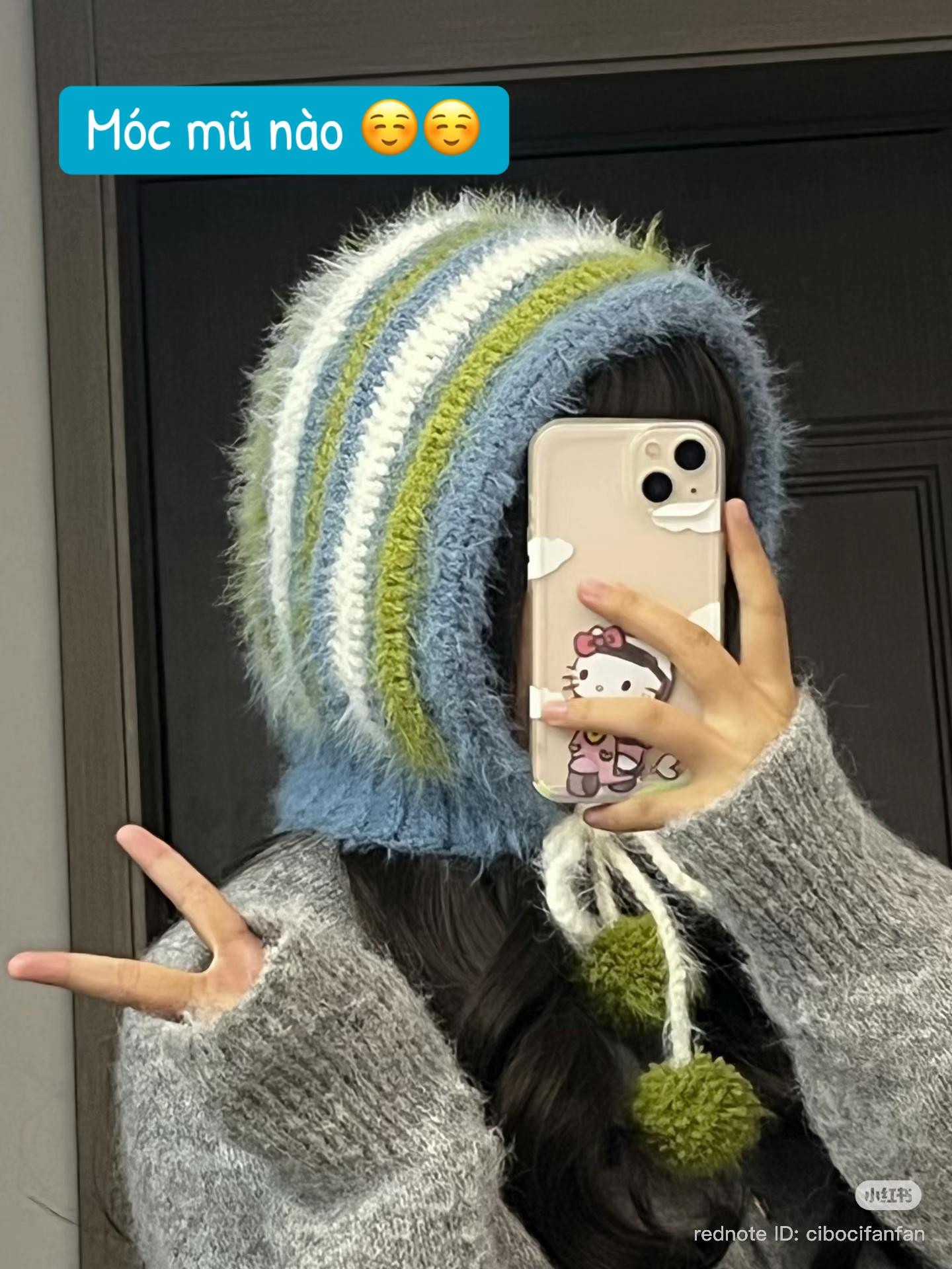 Crochet Pattern for Colorful Striped Mohair Beanie Hat with Pom Poms